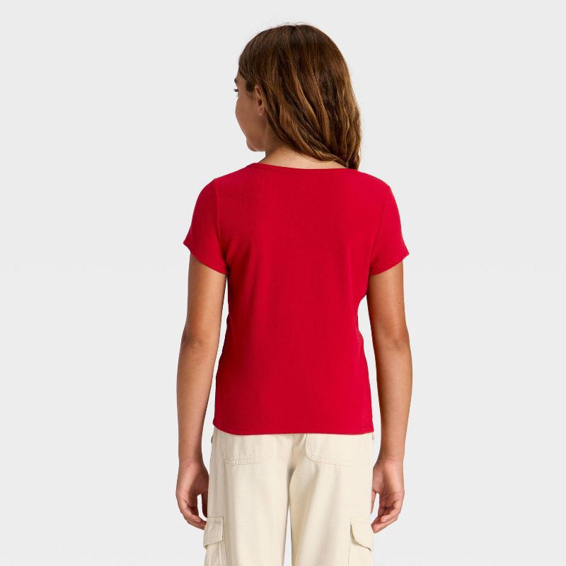 slide 2 of 3, Girls' Short Sleeve Ribbed Bow Front T-Shirt - Cat & Jack™ Red XS, 1 ct