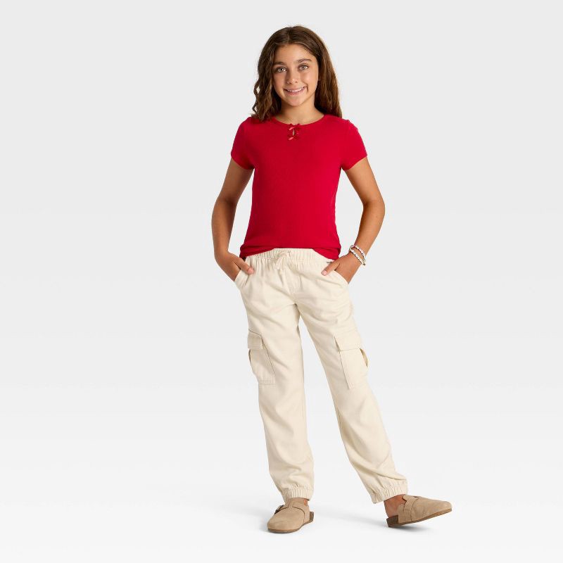 slide 3 of 3, Girls' Short Sleeve Ribbed Bow Front T-Shirt - Cat & Jack™ Red XS, 1 ct