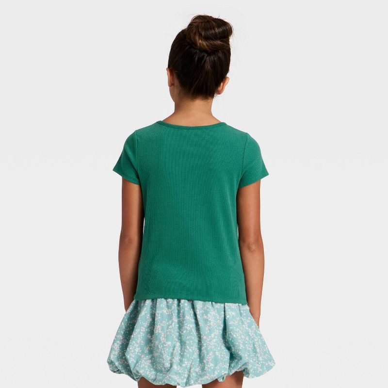 slide 2 of 3, Girls' Short Sleeve Ribbed Bow Front T-Shirt - Cat & Jack™ Dark Green L, 1 ct