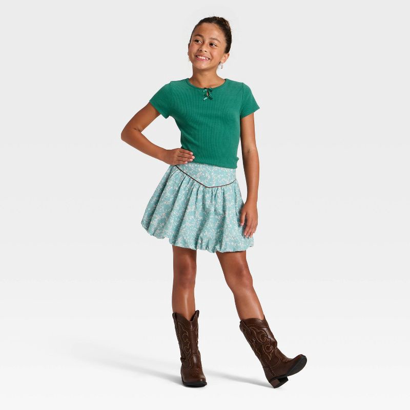 slide 3 of 3, Girls' Short Sleeve Ribbed Bow Front T-Shirt - Cat & Jack™ Dark Green L, 1 ct