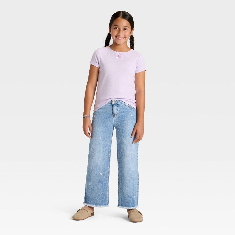 slide 3 of 3, Girls' Short Sleeve Ribbed Bow Front T-Shirt - Cat & Jack™ Pale Lavender M, 1 ct