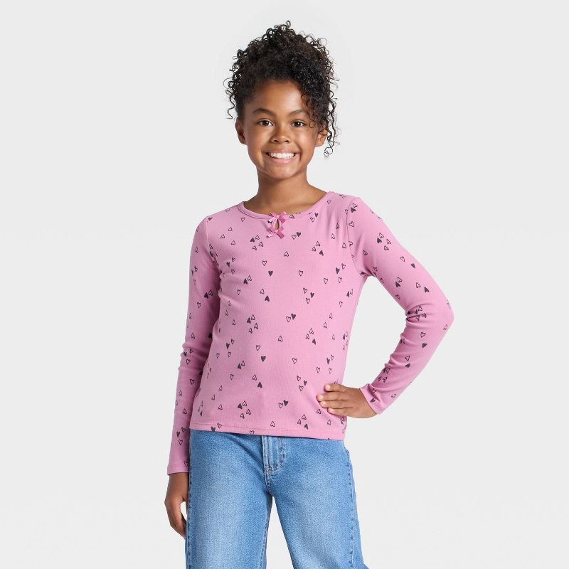 Girls' Long Sleeve Hearts Printed Ribbed T-Shirt - Cat & Jack