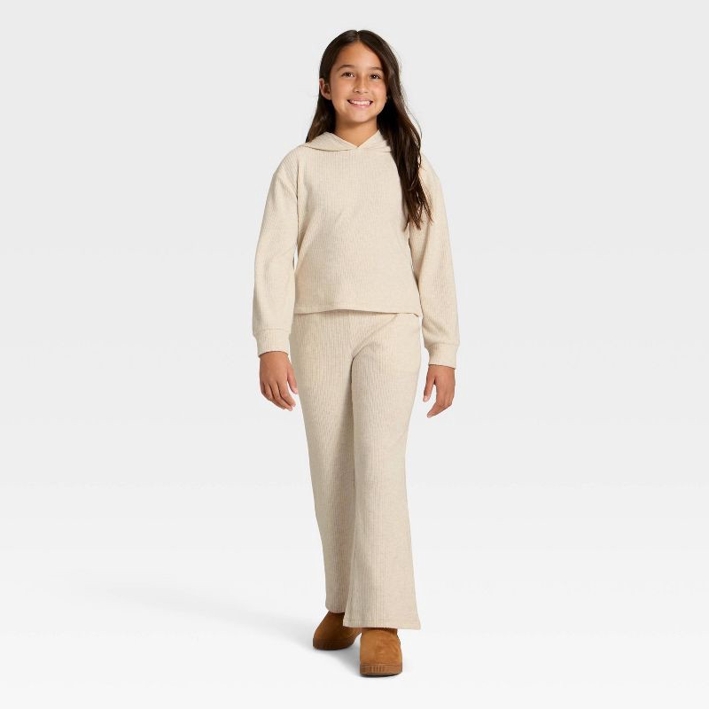 slide 3 of 3, Girls' Cozy Ribbed Hooded Pullover Sweatshirt - Cat & Jack™ Oatmeal L, 1 ct
