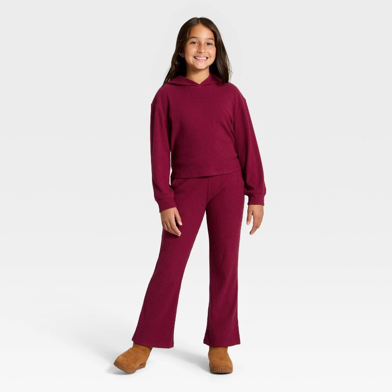 slide 3 of 3, Girls' Cozy Ribbed Hooded Pullover Sweatshirt - Cat & Jack™ Red M, 1 ct