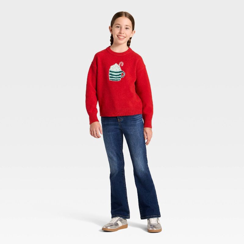 slide 4 of 4, Girls' Hot Cocoa Graphic Pullover Sweater - Cat & Jack™ Red XS, 1 ct