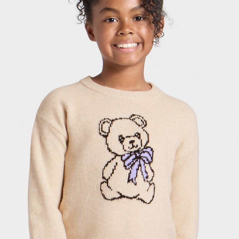 slide 2 of 4, Girls' Bear Graphic Pullover Sweater - Cat & Jack™ Tan XS, 1 ct