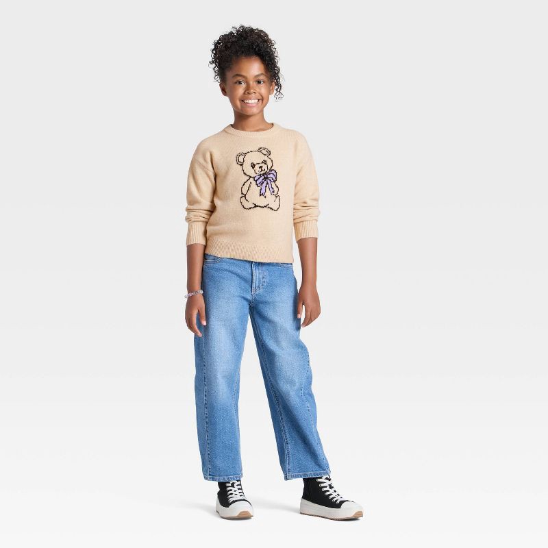 slide 4 of 4, Girls' Bear Graphic Pullover Sweater - Cat & Jack™ Tan M, 1 ct