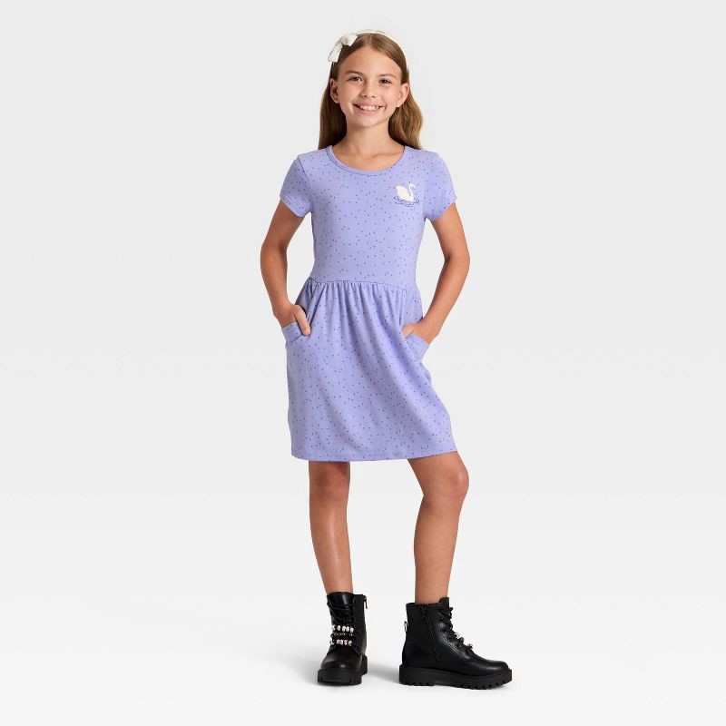 slide 3 of 3, Girls' Short Sleeve Swan Printed Knit Dress - Cat & Jack™ Light Purple L, 1 ct