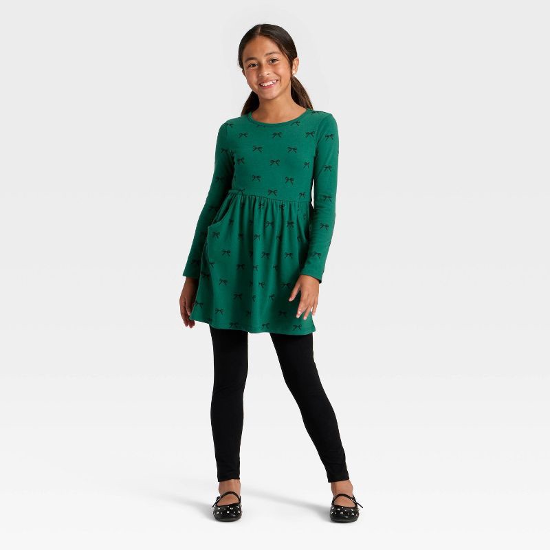 slide 3 of 3, Girls' Long Sleeve Bows Printed Knit Dress - Cat & Jack™ Jade Green XS, 1 ct