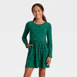 Girls' Long Sleeve Bows Printed Knit Dress - Cat & Jack™ Jade Green XL