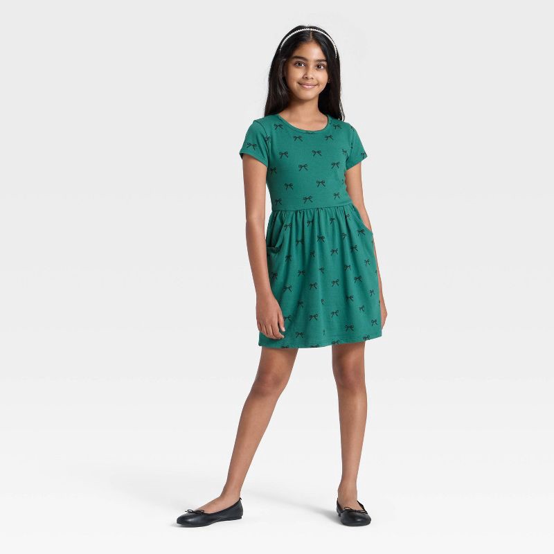 slide 3 of 3, Girls' Short Sleeve Bows Printed Knit Dress - Cat & Jack™ Jade Green XS, 1 ct