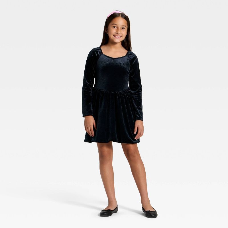 slide 3 of 3, Girls' Long Sleeve Velour Dress - Cat & Jack™ Black XS, 1 ct