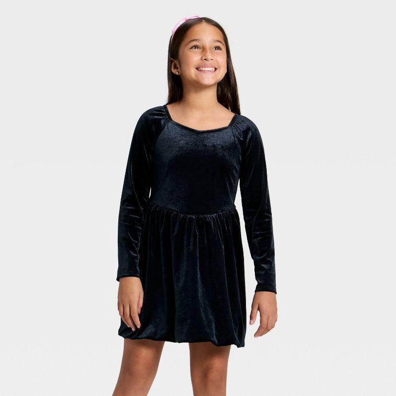 slide 1 of 3, Girls' Long Sleeve Velour Dress - Cat & Jack™ Black L, 1 ct