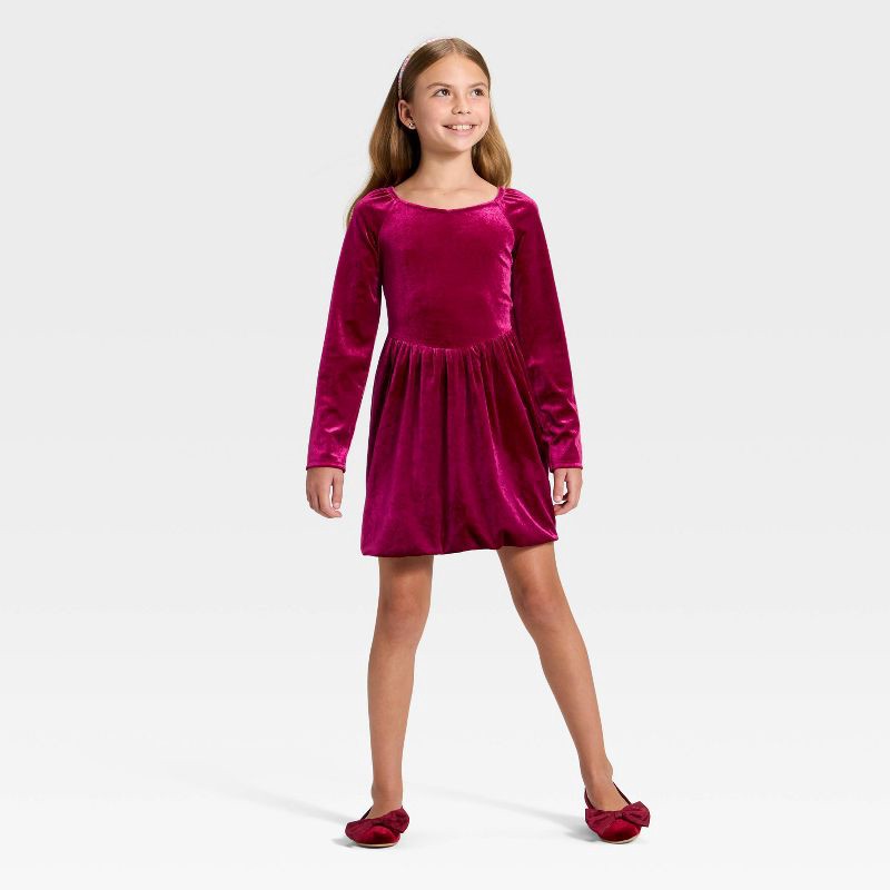 slide 3 of 3, Girls' Long Sleeve Velour Dress - Cat & Jack™ Red XL, 1 ct