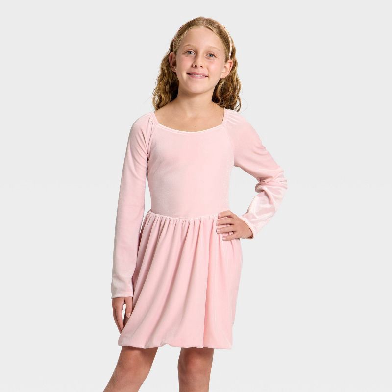 slide 1 of 3, Girls' Long Sleeve Velour Dress - Cat & Jack™ Pink S, 1 ct