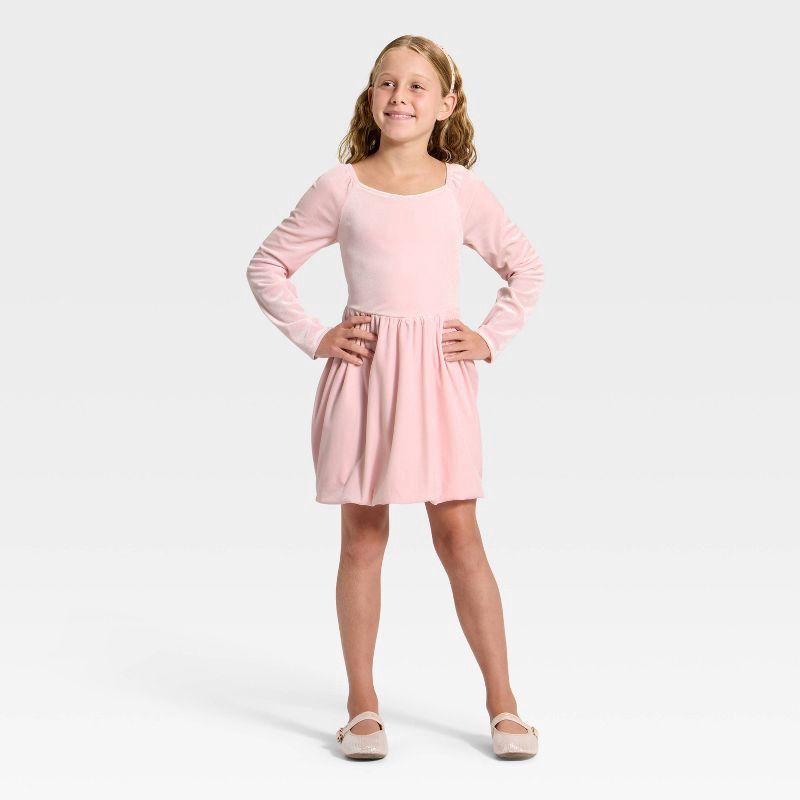 slide 3 of 3, Girls' Long Sleeve Velour Dress - Cat & Jack™ Pink L, 1 ct