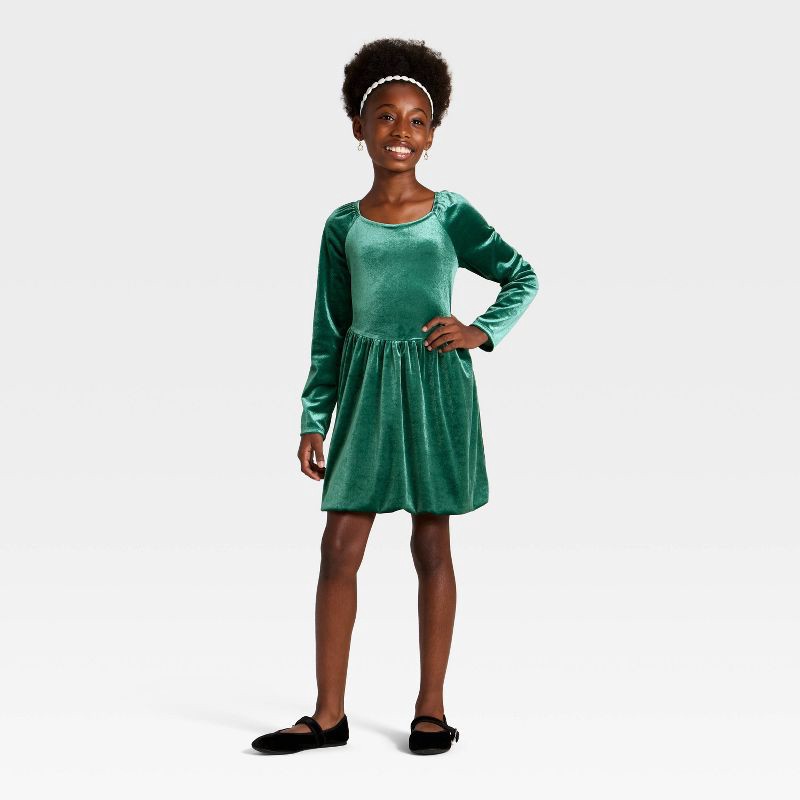 slide 3 of 3, Girls' Long Sleeve Velour Dress - Cat & Jack™ Green M, 1 ct