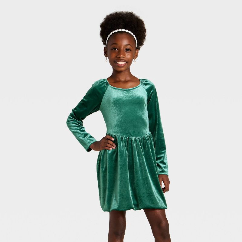 slide 1 of 3, Girls' Long Sleeve Velour Dress - Cat & Jack™ Green M, 1 ct