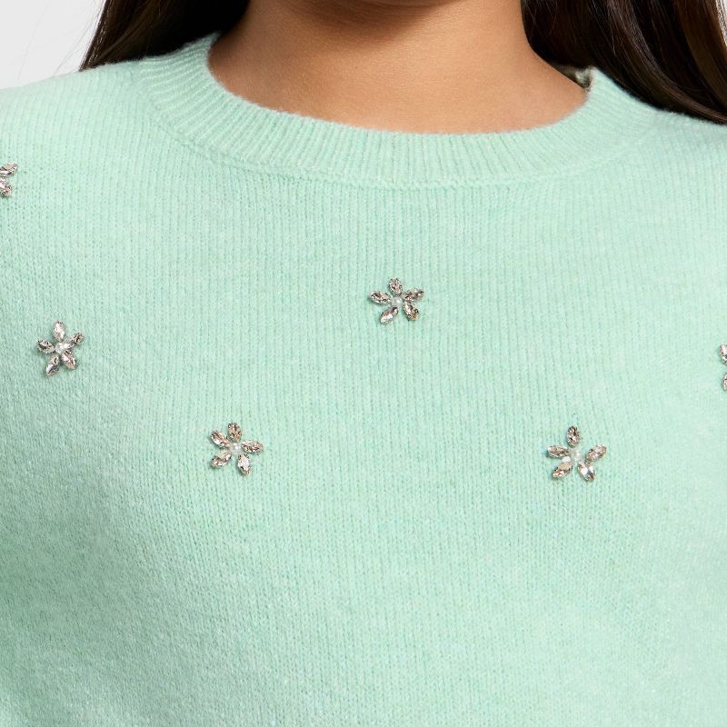 slide 4 of 4, Girls' Embellished Pullover Sweater - Cat & Jack™ Mint Green L, 1 ct