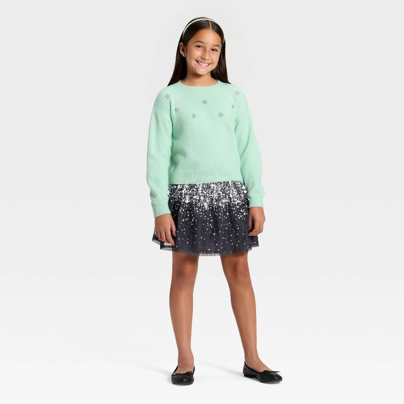slide 3 of 4, Girls' Embellished Pullover Sweater - Cat & Jack™ Mint Green XL, 1 ct
