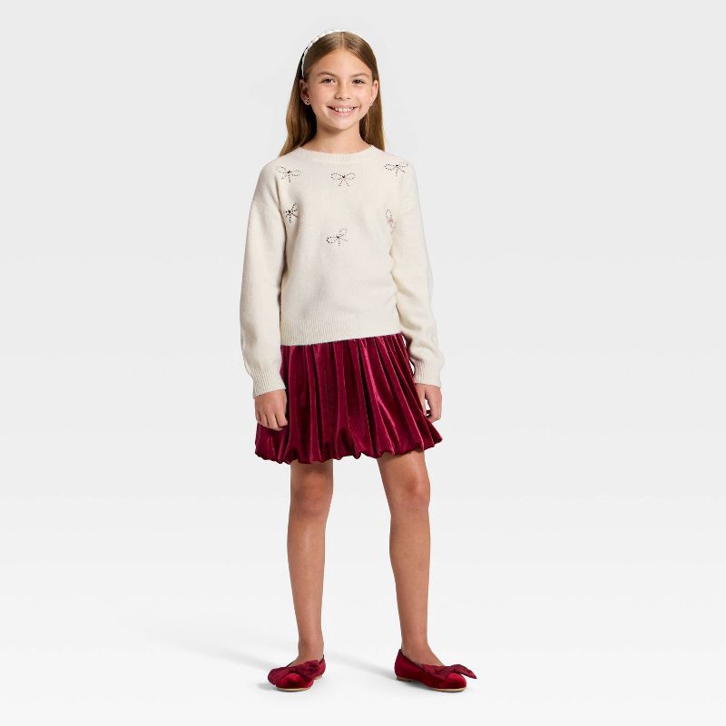 slide 3 of 4, Girls' Embellished Pullover Sweater - Cat & Jack™ Cream XS, 1 ct