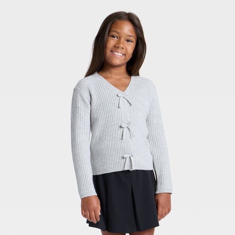 slide 1 of 3, Girls' Ribbed Bow Cardigan - Cat & Jack™ Heather Gray M, 1 ct