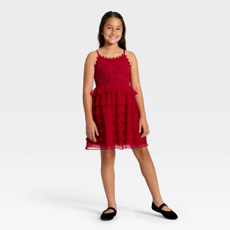 slide 3 of 3, Girls' Tiered Lace Dress - Cat & Jack™ Dark Red S, 1 ct