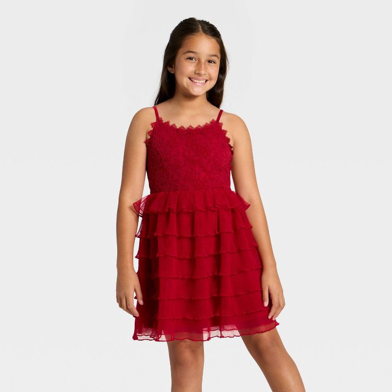 slide 1 of 3, Girls' Tiered Lace Dress - Cat & Jack™ Dark Red S, 1 ct