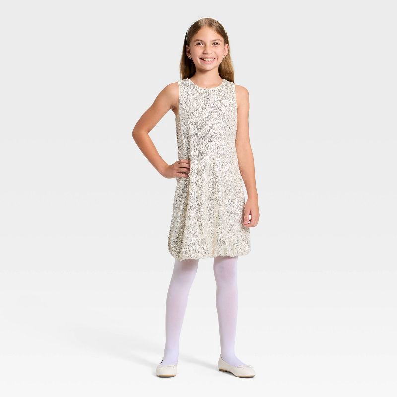 slide 3 of 3, Girls' Sequin Bubble Hem Dress - Cat & Jack™ Light Silver S, 1 ct