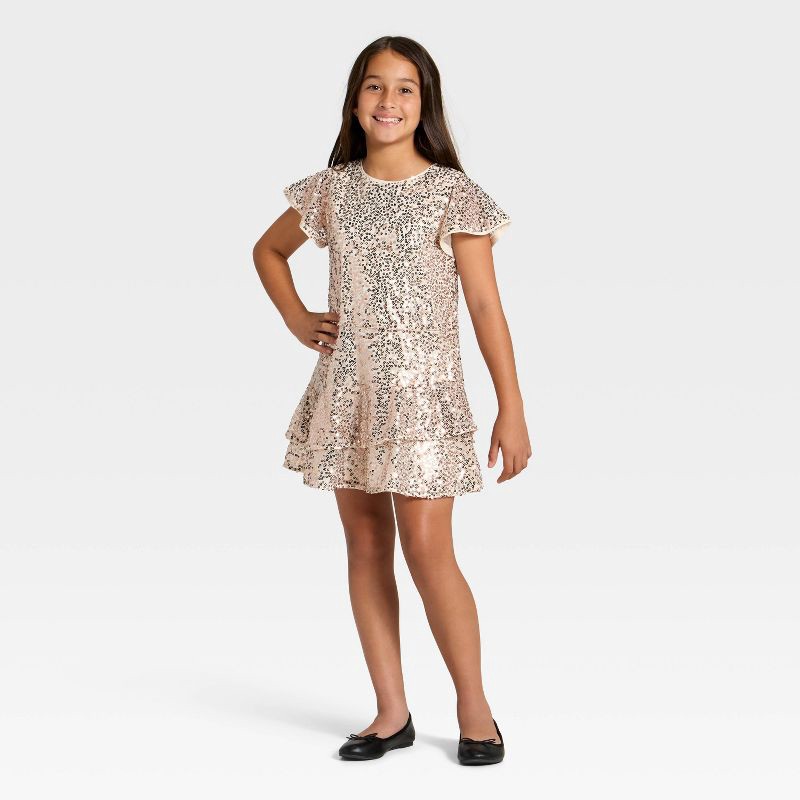 slide 3 of 3, Girls' Short Sleeve Sequin Dress - Cat & Jack™ Gold L, 1 ct