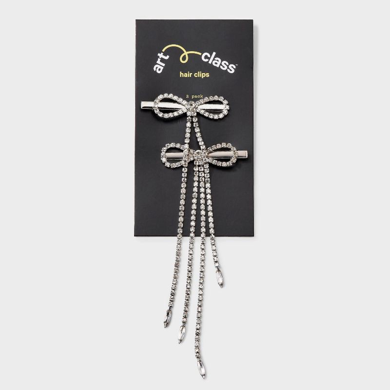 slide 2 of 3, Girls' 2pk Rhinestone Chain Bow Clip Set - art class™ Silver, 2 ct