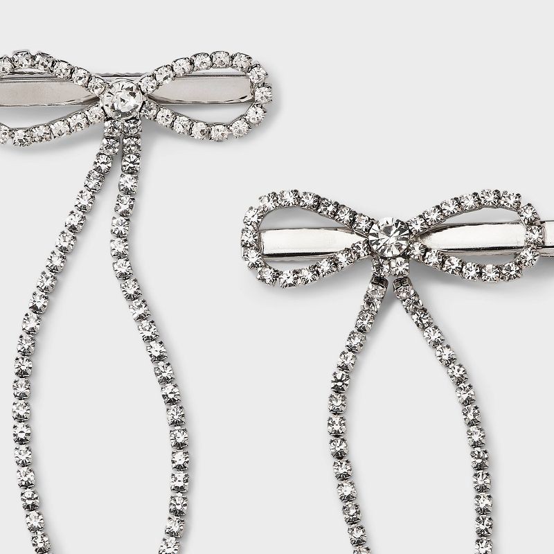 slide 3 of 3, Girls' 2pk Rhinestone Chain Bow Clip Set - art class™ Silver, 2 ct