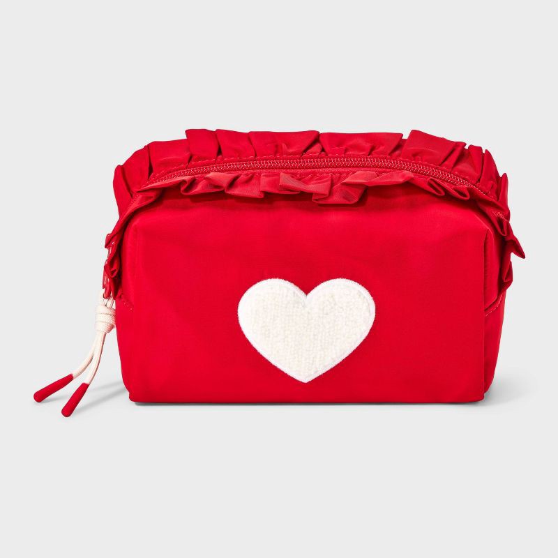 slide 1 of 4, Girls' Ruffled Heart Patch Cosmetic Pouch - art class™ Red/White, 1 ct
