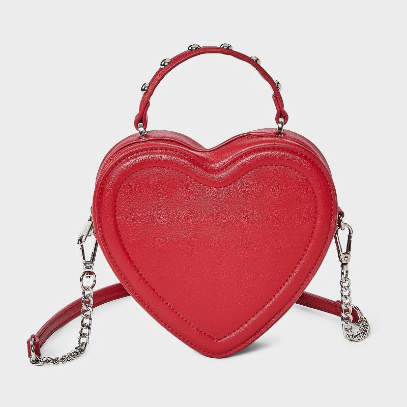 slide 1 of 4, Girls' Studded Heart Shaped Crossbody Bag - art class™ Red, 1 ct