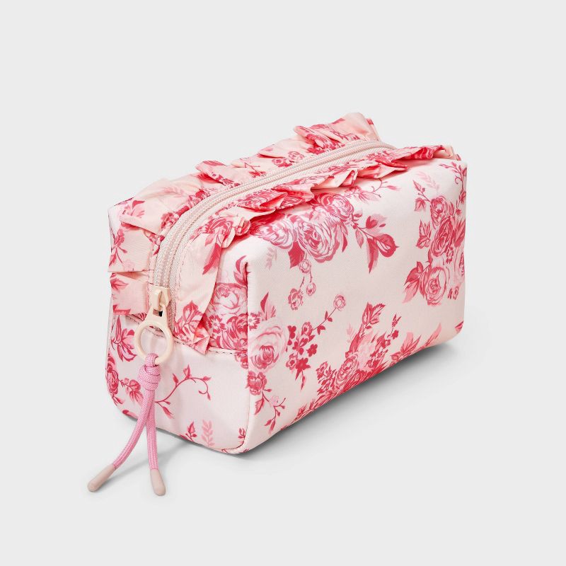 slide 2 of 4, Girls' Ruffled Floral Printed Cosmetic Pouch - art class™ Pink/White, 1 ct