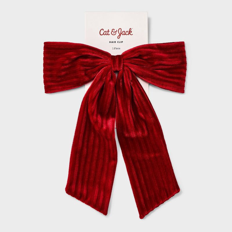 slide 2 of 3, Girls' Holiday Velvet Bow Barrette - Cat & Jack™ Red, 1 ct
