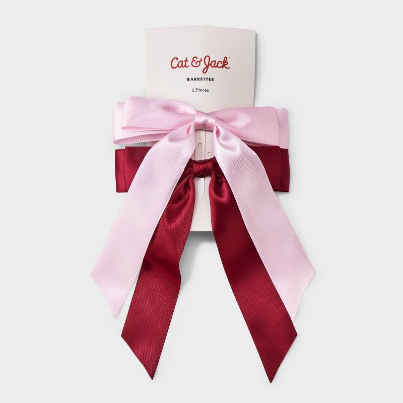 slide 2 of 3, Girls' 2pk Satin Bow Barrette Set - Cat & Jack™ Pink/Burgundy, 2 ct