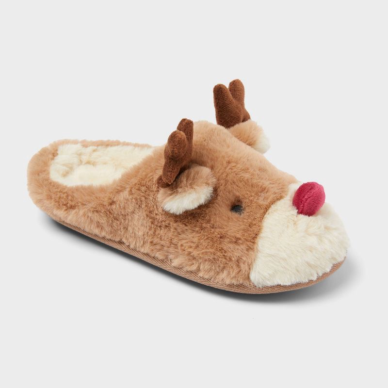 slide 1 of 4, Kids' Reindeer Scuff Slippers - Wondershop™ Brown 2-3, 1 ct