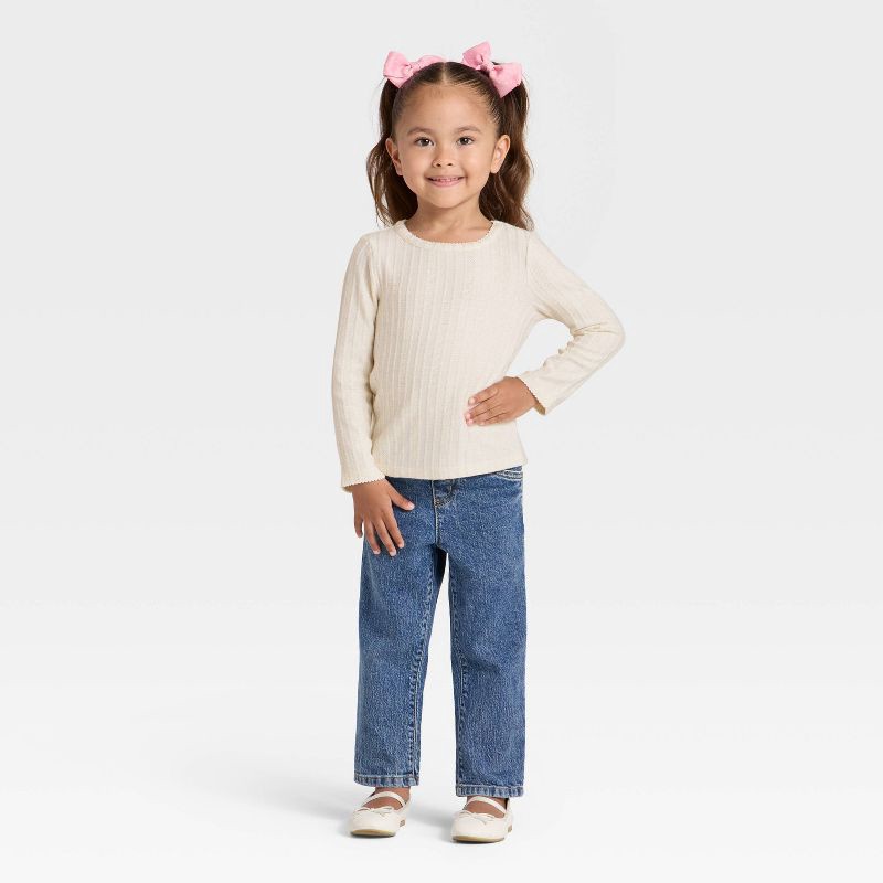 slide 3 of 3, Toddler Girls' Pointelle Long Sleeve T-Shirt - Cat & Jack™ Cream 4T, 1 ct