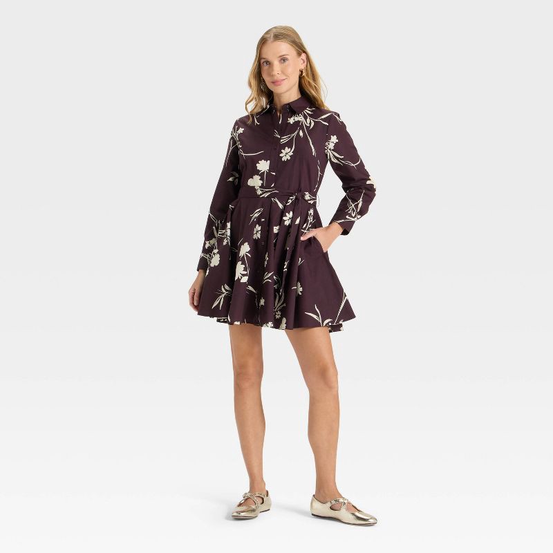 slide 3 of 3, Women's Button-Down Shirtdress - A New Day™ Burgundy Floral M, 1 ct