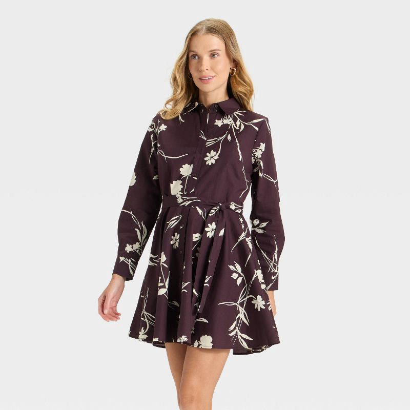 slide 1 of 3, Women's Button-Down Shirtdress - A New Day™ Burgundy Floral M, 1 ct