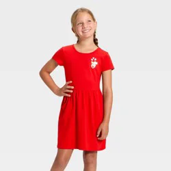Girls' Short Sleeve Candy Cane Printed Knit Dress - Cat & Jack™ Red XS