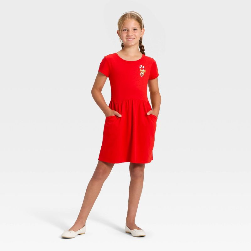 slide 4 of 4, Girls' Short Sleeve Candy Cane Printed Knit Dress - Cat & Jack™ Red S, 1 ct