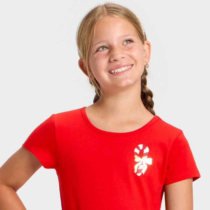 slide 2 of 4, Girls' Short Sleeve Candy Cane Printed Knit Dress - Cat & Jack™ Red L, 1 ct