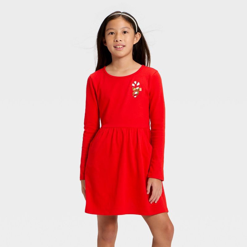 slide 1 of 3, Girls' Long Sleeve Candy Cane Printed Knit Dress - Cat & Jack™ Red L, 1 ct