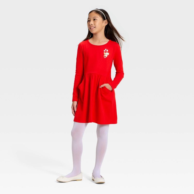 slide 3 of 3, Girls' Long Sleeve Candy Cane Printed Knit Dress - Cat & Jack™ Red XL, 1 ct
