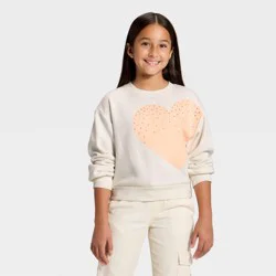 Girls' Fleece 'Rhinestone Heart' Relaxed Fit Pullover Sweatshirt - Cat & Jack™ Cream S