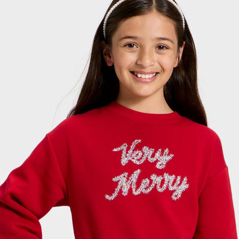 slide 2 of 4, Girls' Fleece Christmas Very Merry Relaxed Fit Pullover Sweatshirt - Cat & Jack™ Dark Red S, 1 ct