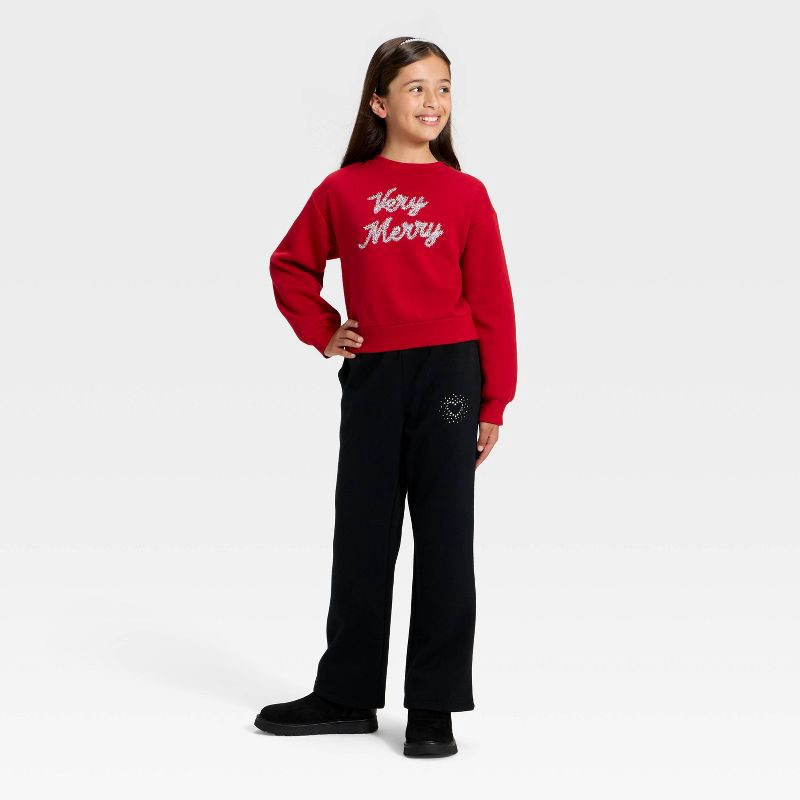 slide 4 of 4, Girls' Fleece Christmas Very Merry Relaxed Fit Pullover Sweatshirt - Cat & Jack™ Dark Red M, 1 ct