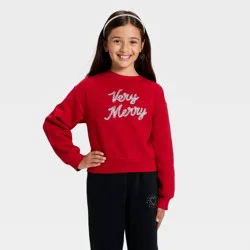 Girls' Fleece Christmas Very Merry Relaxed Fit Pullover Sweatshirt - Cat & Jack™ Dark Red M